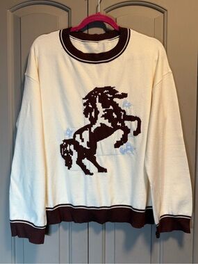 Cream and Brown Horse Intarsia Crewneck Sweater